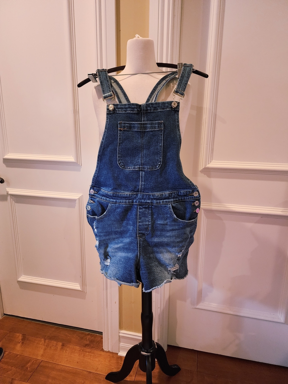 Guess Women's Blue Distressed Denim Short Overalls